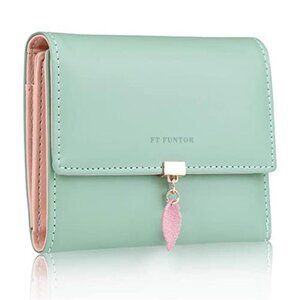 RFID Light Blue Wallet Leaf Card Holder Trifold Ladies Wallet with Zipper Pocket